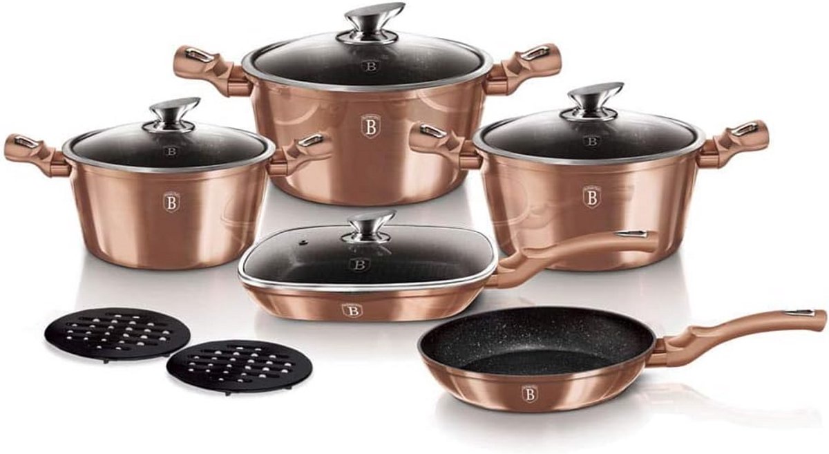 11-delige kookpan set rose gold - gesmeed aluminium met turbobodem voor inductie