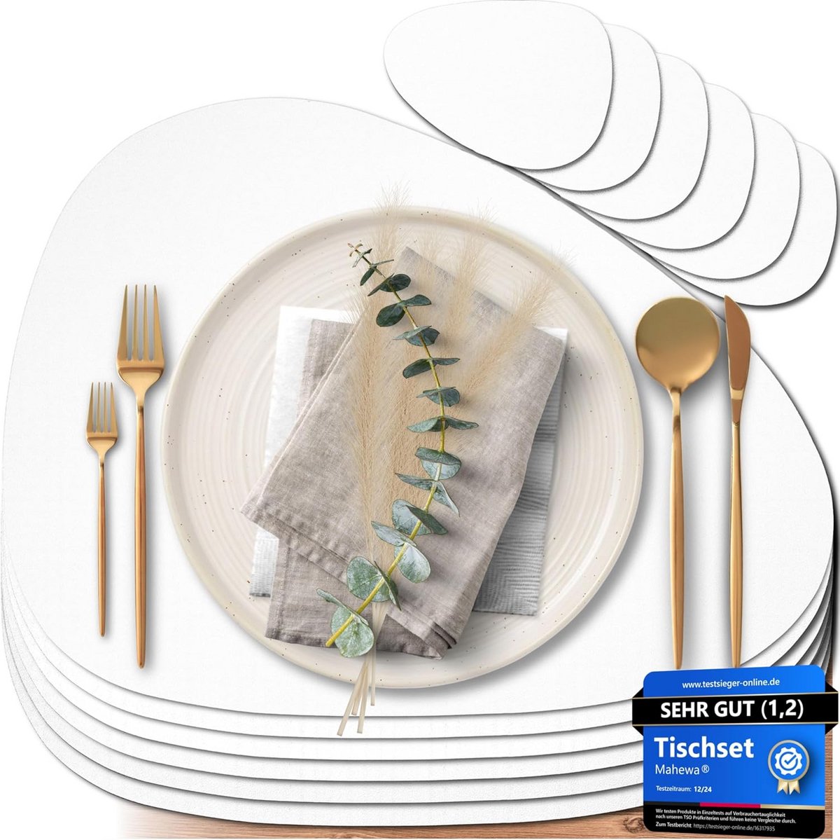 Set van 6 Ovale Placemats - Kunstleer, Waterdicht en Wasbaar - Wit