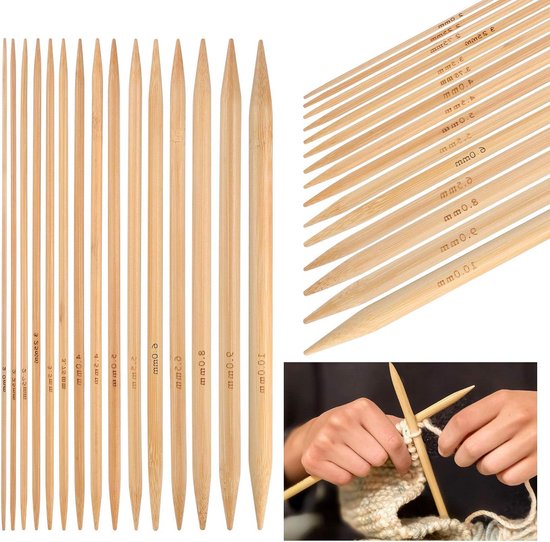 Coopay Bamboe-breinaaldenset, 75 stuks dubbele punten met accessoires, 15 cm licht recht naalden, 2,0-10 mm voor sokken, breien en beginners, sokkennaalden, houtkleur