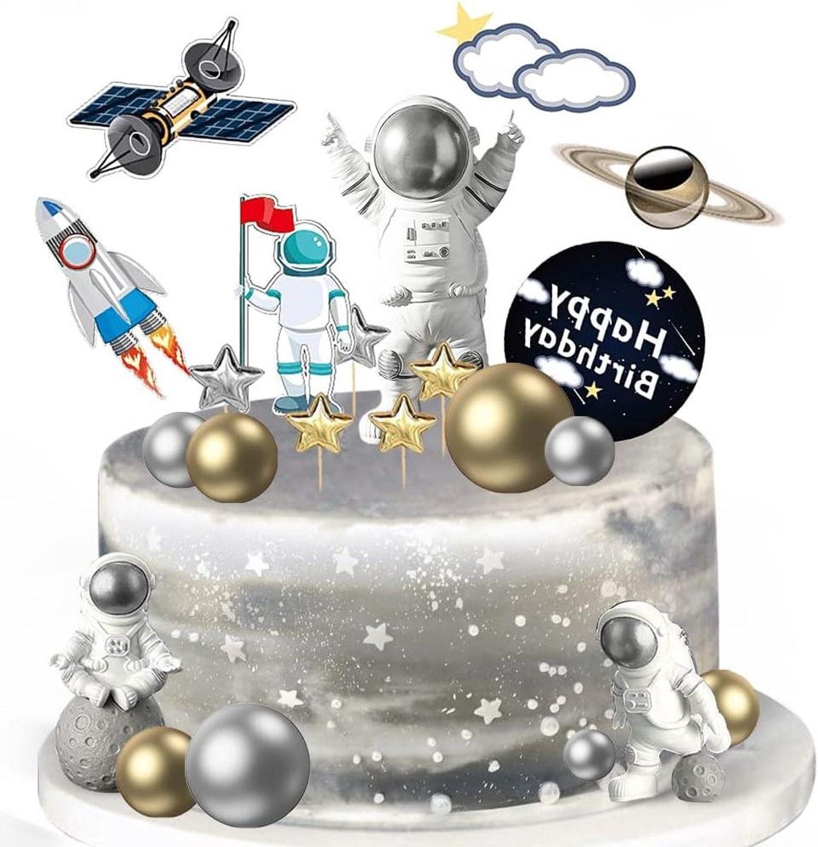 Ronte - Feestelijke Space Cake Toppers Set voor Kids Party Verjaardag - Astronaut, Planeet, Raket, Sterren Thema - 22-delig