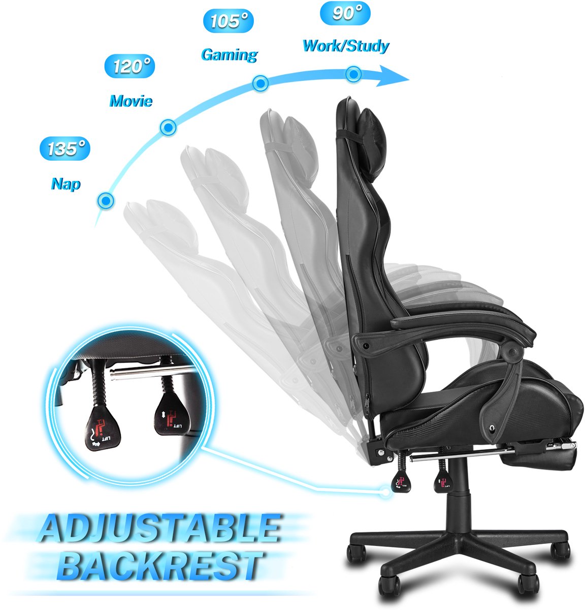 Soontrans Zwart-Gaming Stoel met Inklapbare Voetensteun, - afbeelding 3