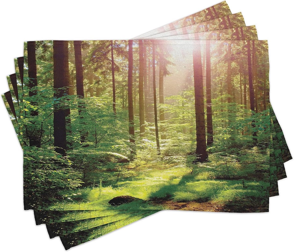 Washbare Stoffen Placemats Set van 4, Bos en Zonsondergang Design, Groen-Bruin, 30x45 cm
