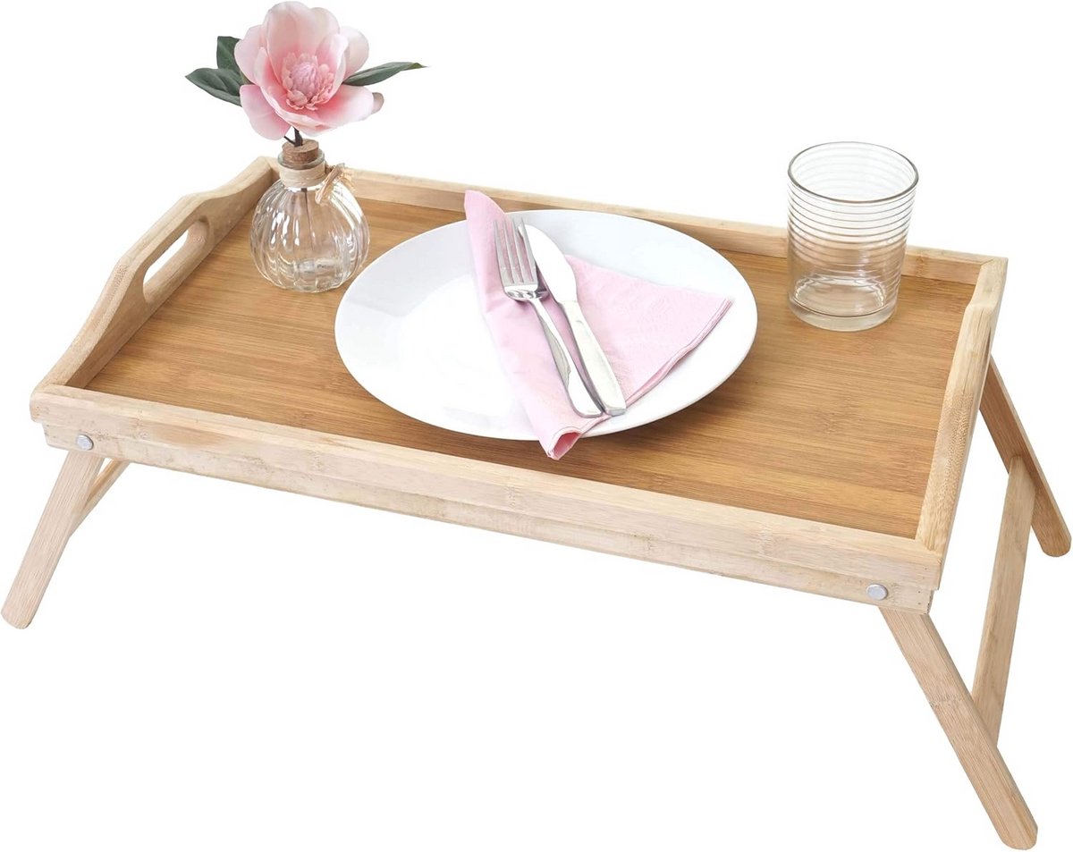 Bamboe Dienblad met Uitklapbare Poten - Ontbijt Blad voor Bed en Bank 64x30cm