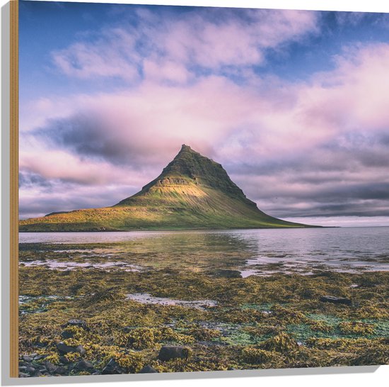 Hout - Kirkjufell Berg - IJsland - 80x80 cm - 9 mm dik - Foto op Hout (Met Ophangsysteem)