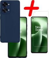Hoes Geschikt voor OnePlus Nord 2T Hoesje Siliconen Back Cover Case Met Screenprotector - Hoesje Geschikt voor OnePlus Nord 2T Hoes Cover Hoesje - Donkerblauw