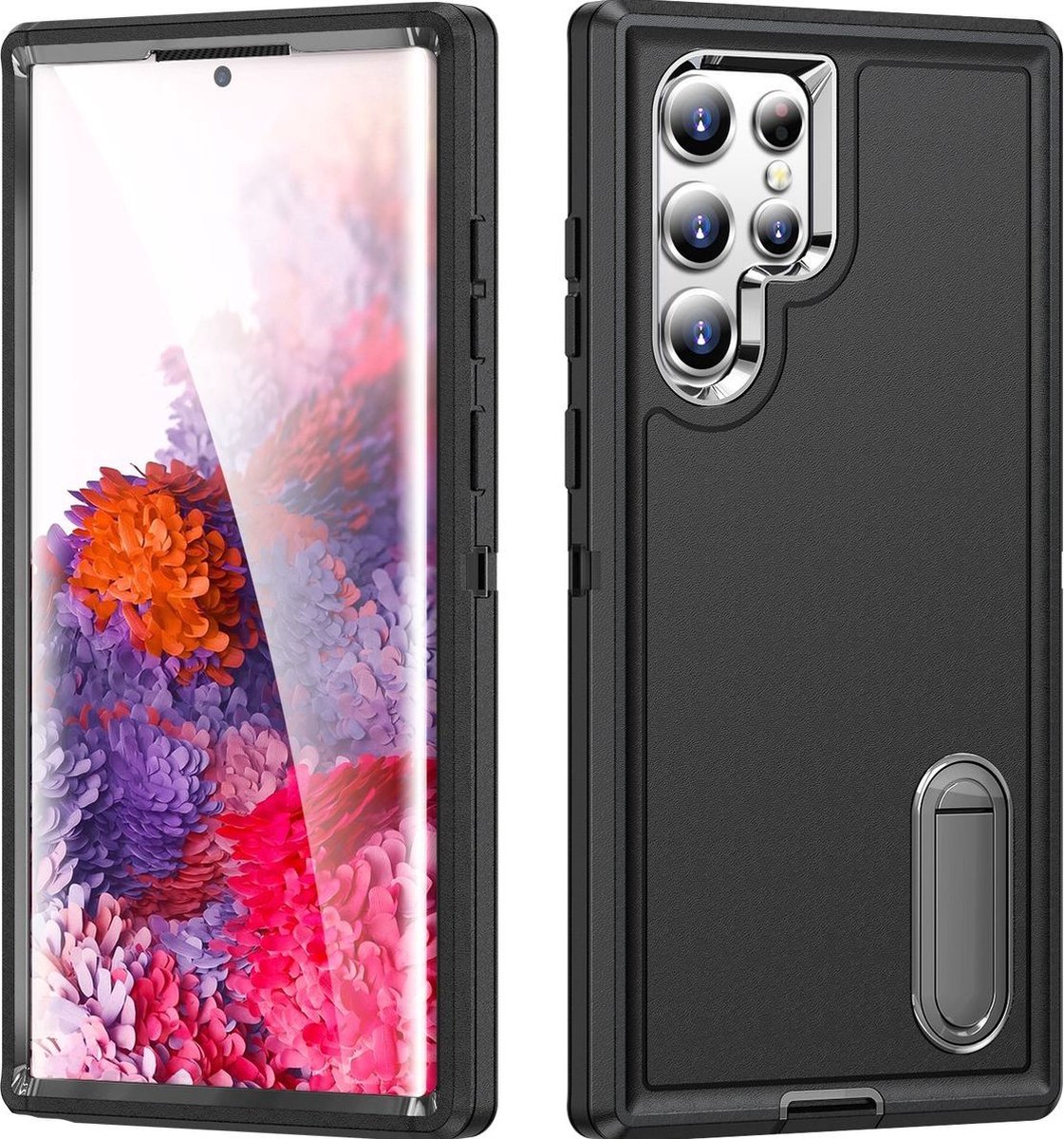 Mobigear Hoesje geschikt voor Samsung Galaxy S23 Ultra Telefoonhoesje Hardcase | Mobigear Rugged Stand Backcover Shockproof met Standaard | Schokbestendig Galaxy S23 Ultra Telefoonhoesje | Anti Shock Proof - Zwart