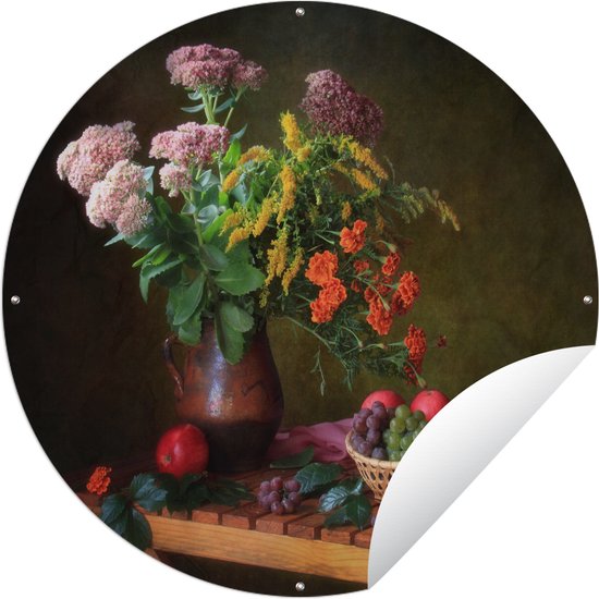 Tuincirkel Schilderij - Stilleven - Fruit - Bloemen - Tafel - Kunst - 60x60 cm - Ronde Tuinposter - Buiten