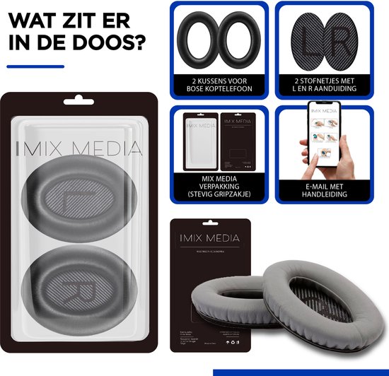 Inhoud van de doos: 2 grijze oorkussens, 2 stoffen netjes met L/R aanduiding, gripzakje, handleiding.