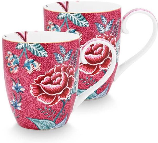 Foto: Pip studio flower festival dark pink mokken set 2 450ml porselein roze bloemen