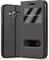 Cadorabo Hoesje geschikt voor Samsung Galaxy J3 2016 in KOMEET ZWART - Beschermhoes met magnetische sluiting, standfunctie en 2 kijkvensters Book Case Cover Etui