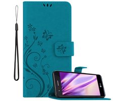 Cadorabo Hoesje geschikt voor LG K8 2017 in BLOEMEN BLAUW - Beschermhoes in bloemmotief met magnetische sluiting, standfunctie en kaartsleuven Book Case Cover Etui