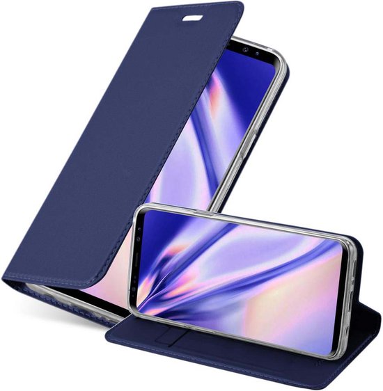 Étui bleu foncé de style portefeuille, avec un téléphone présenté en position verticale et horizontale.