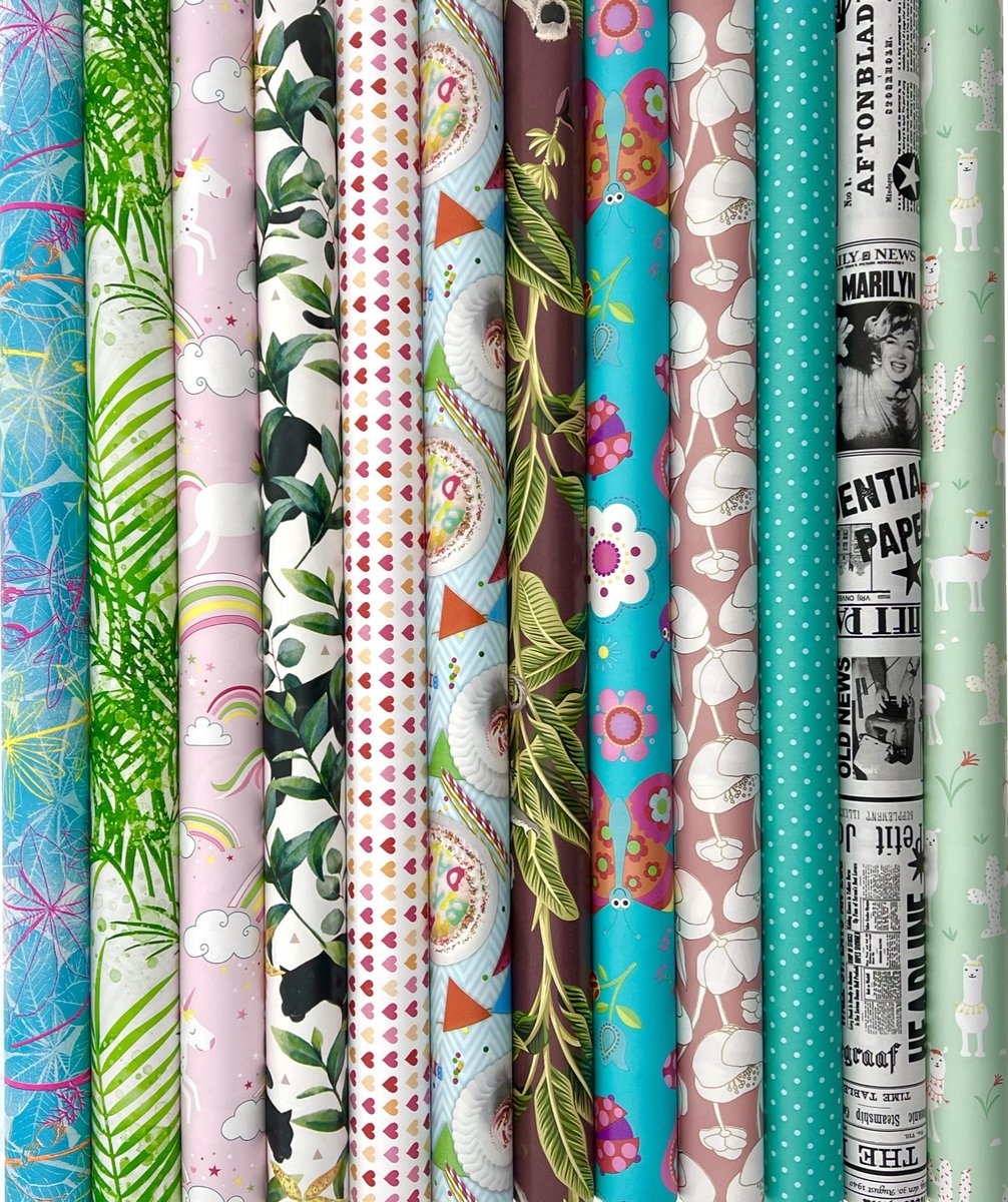 Assortiment 12 rollen cadeaupapier inpakpapier voor kinderen en volwassenen Party 200 x 46.5 cm op Prijzenvolger.com