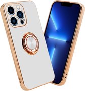 Cadorabo Hoesje geschikt voor Apple iPhone 13 PRO in Glossy Wit - Goud met ring - Beschermhoes van flexibel TPU-silicone Case Cover met camerabescherming en magnetische autohouder