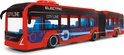 Gelede stadsbus, rood met zwart, blauwe raampjes en elektrische logo's.