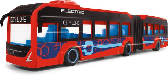 Gelede stadsbus, rood met zwart, blauwe raampjes en elektrische logo's.