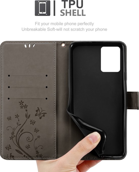 Cadorabo Coque pour Realme 8i / Narzo 50 4G en GRIS FLORAL - Housse de Protection à Motif Floral avec Fermeture Magnétique, Fonction Support et Fentes pour Cartes Book Case Cover Etui