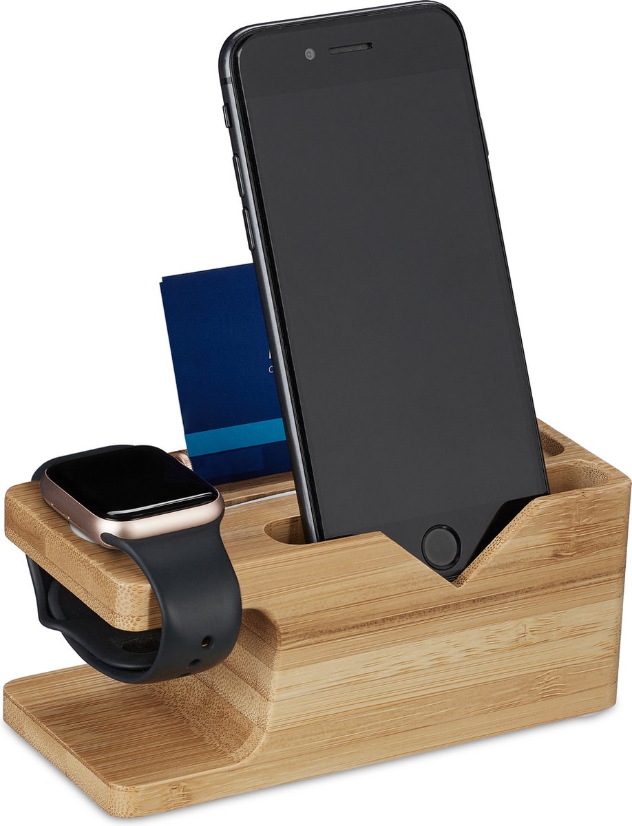 Relaxdays oplaadstation bamboe - geschikt voor apple watch - laadstation smartphone