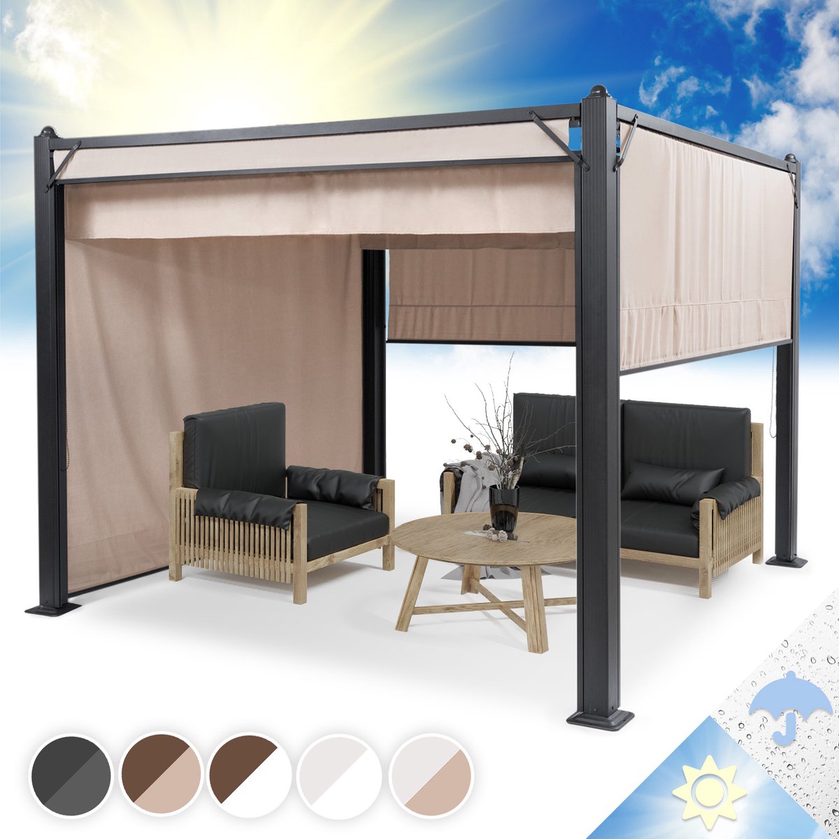 Blumfeldt Pantheon Cortina pergola 3x3m Prieel met dak en 4