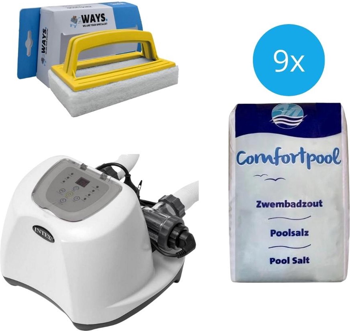 Intex – Zoutwatersysteem 26670GS & Zwembadzout 180 kg & WAYS Scrubborstel Intex – Zoutwatersysteem 26670GS & Zwembadzout 180 kg & WAYS Scrubborstel