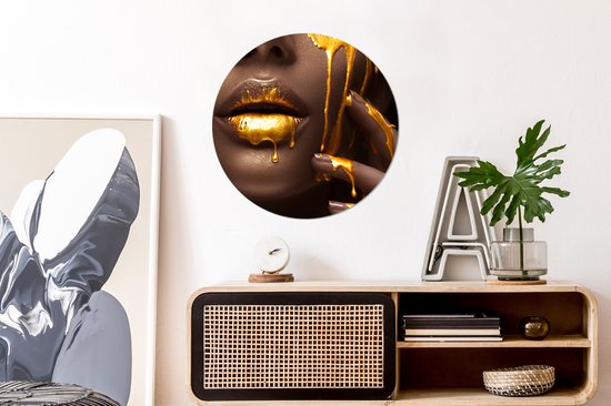 WallCircle - Stickers muraux - Cercle Papier Peint - Goud - Femme - Peinture - Lèvres - Luxe - 80x80 cm - Cercle Mural - Auto Adhésif - Sticker Papier Peint Rond