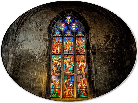 WallClassics - Dibond Ovaal - Glas-in-lood Raam in de Notre-Dame Kerk - 40x30 cm Foto op Ovaal (Met Ophangsysteem)