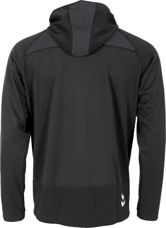 Achterkant van een zwarte hummel hoodie met donkergrijs mesh detail op de capuchon en onderaan.
