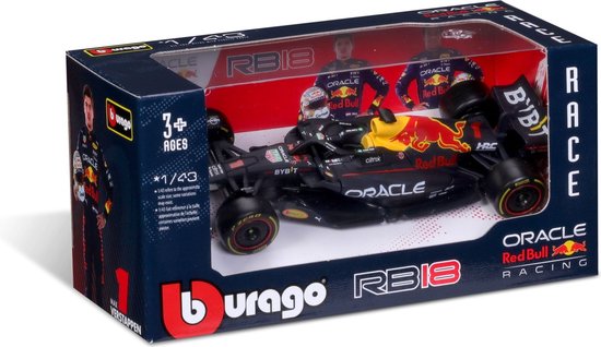 RB18 Formule 1 auto in doos, met Red Bull logo's en Max Verstappen afbeelding.