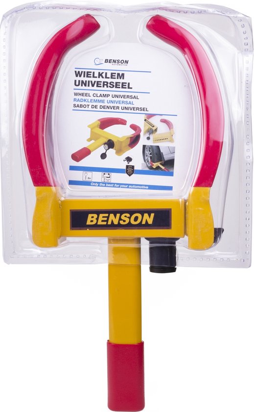 Gele wielklem met rode armen en handvat, verpakt in plastic. Bovenop staat 'WIELKLEM UNIVERSEEL'.