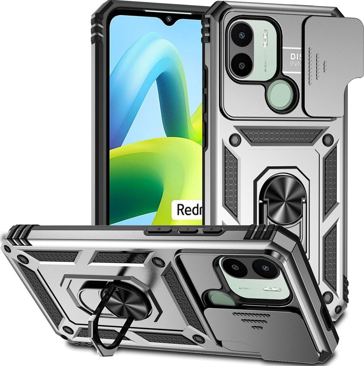 Mobigear Hoesje geschikt voor Xiaomi Redmi A1 4G Telefoonhoesje Hardcase | Mobigear Armor Ring Cam Slide Backcover Shockproof met Ringhouder en Camera Slider | Schokbestendig Redmi A1 4G Telefoonhoesje | Anti Shock Proof - Zilver