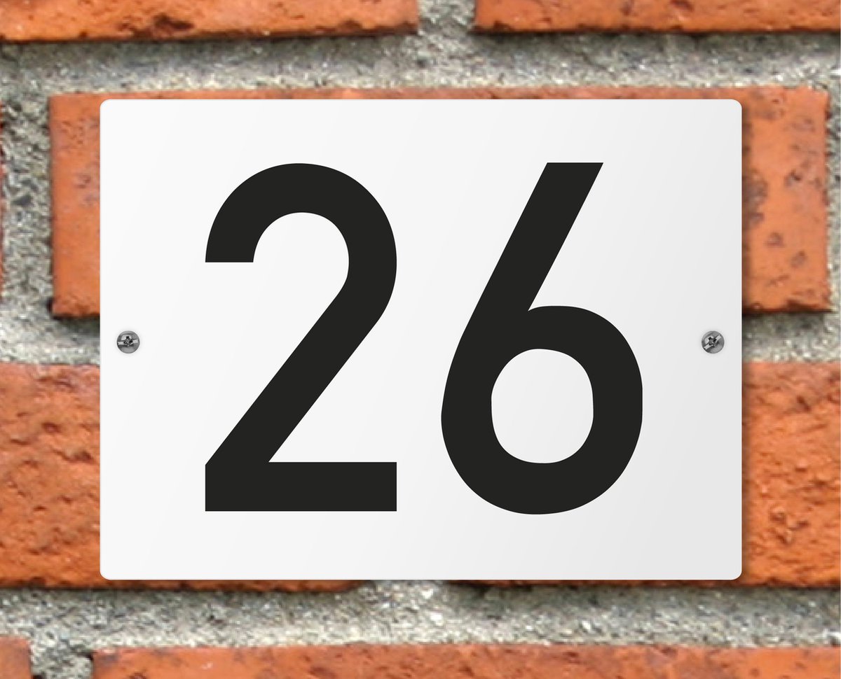 Huisnummerbord wit - Nummer 26 - standaard - 16 x 12 cm - schroeven - naambord - nummerbord - voordeur