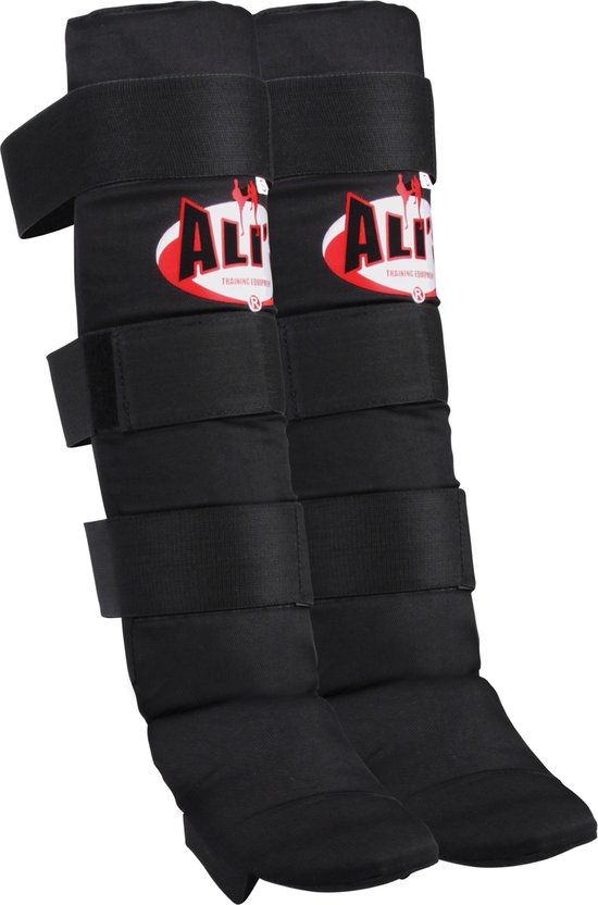 Ali's Fightgear - SHIN PRO - Kickboksen scheenbeschermers - Katoen - Zwart - Maat S - Scheenbeschermers - Scheenbeschermers kickboksen - Scheenbeschermers vechtsport - Scheenbeschermers kickboksen kind - Scheenbeschermers kickboksen dames
