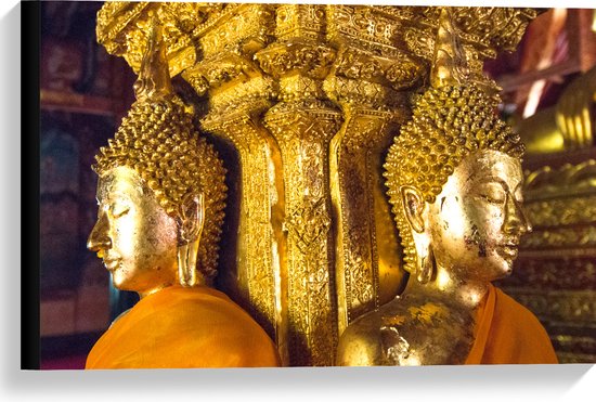 Canvas - Pilaar met Gouden Boeddha's en Details - 60x40 cm Foto op Canvas Schilderij (Wanddecoratie op Canvas)
