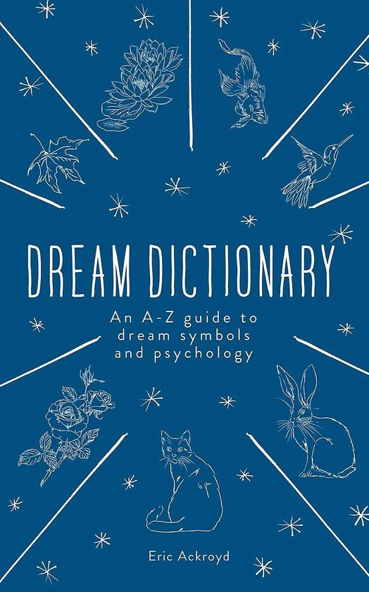 Boek 'DREAM DICTIONARY' in het Nederlands, met witte illustraties van dieren en planten op een blauwe achtergrond.