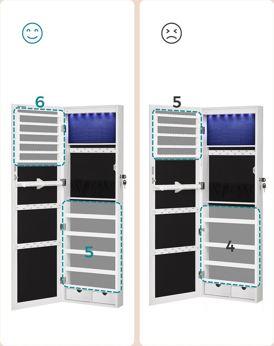 Hangend juwelenkast - spiegelkast - Met spiegel - Met led-binnenverlichting - Wit -