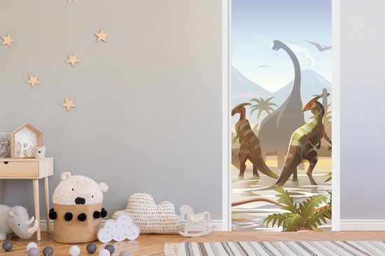 Sticker de porte dinosaures - Décoration chambre d'enfant - Dinosaurus - Paysage - Tropical - Enfants - Garçons - 90x215 cm - Décoration chambre