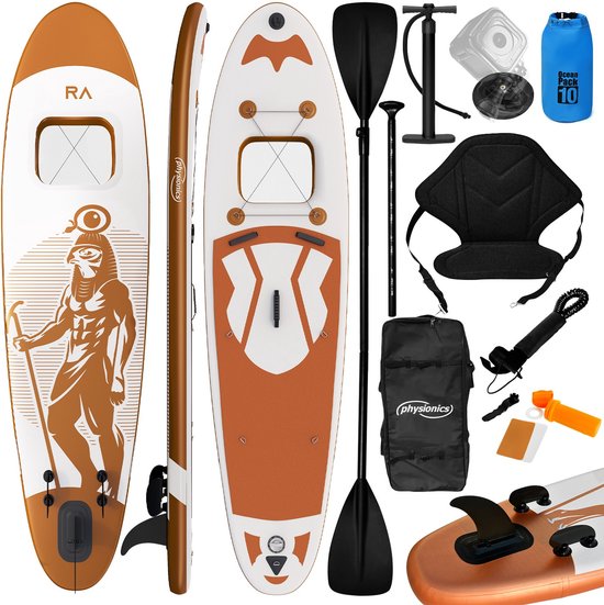 Physionics - Stand Up Paddle Board - 366cm - Opblaasbaar SUP Board met Kayak Zitting - Verstelbare Peddel - Handpomp met Manometer - Rugzak - Reparatieset - Camera Houder - Surfboard - Oranje