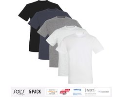 5 Pack Sol's Heren T-Shirt 100% biologisch katoen Ronde hals Zwart, Donker Grijs, Grijs / Lichtgrijs gemeleerd, wit Maat XL