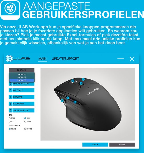 JLab Jbuds Draadloze Muis - Bluetooth Computermuis Draadloos - Stille Clicks - Verbind 3 Apparten - Draadloze Dongle - 4 Maanden Batterijduur - Rechtshandig - Multipoint - USB C Oplaadbaar - Zwart