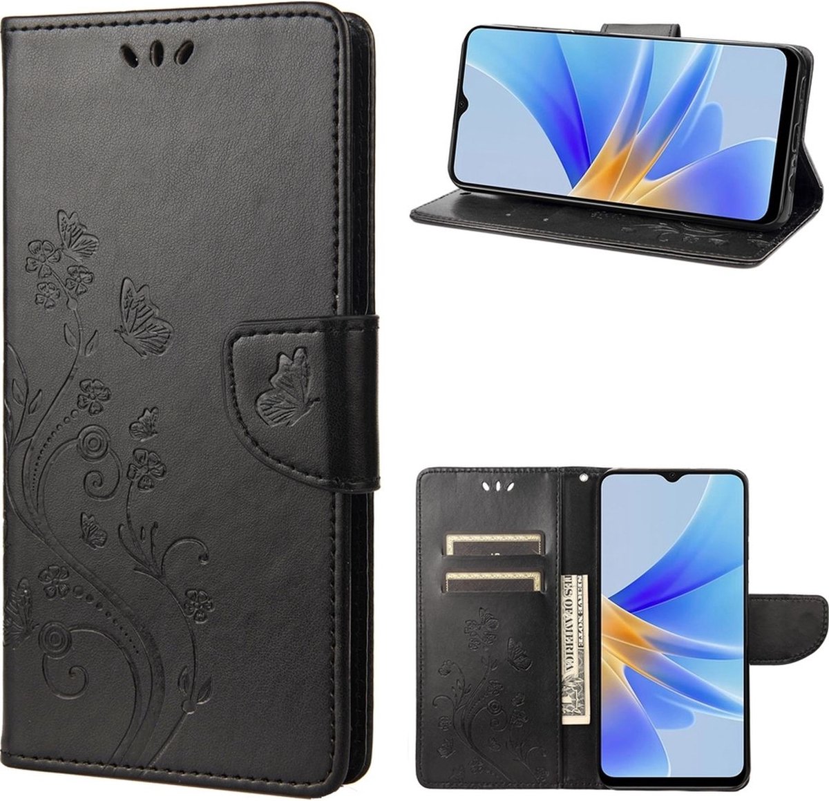 Mobigear Telefoonhoesje geschikt voor OPPO A17 Hoesje | Mobigear Flowers Bookcase Portemonnee | Pasjeshouder voor 3 Pasjes | Telefoonhoesje voor Pinpas / OV Kaart / Rijbewijs - Zwart