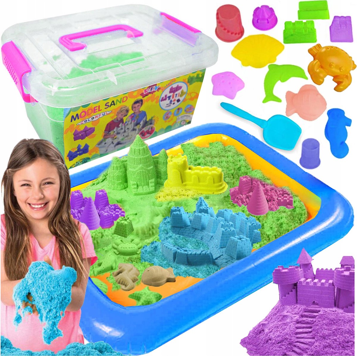 Kinetisch Zand - 2 kg Magisch Zand - Met Opblaas Zandbak - Inclusief vormpjes - Willekeurige kleur -Speelzand - Sensorisch Speelgoed - Montessori Speelgoed - Ontwikkelings Speelgoed - Jongens en Meisjes