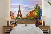 Behang - Fotobehang Schilderij - Olieverf - Eiffeltoren - Parijs - Water - Breedte 300 cm x hoogte 300 cm