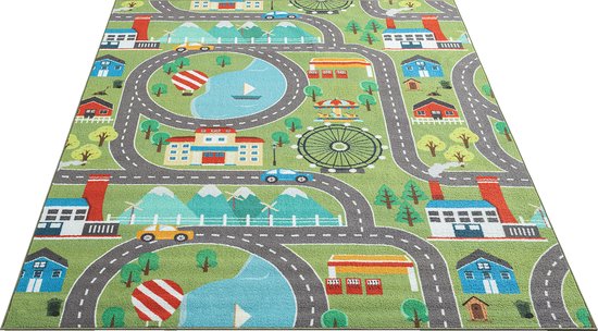 the carpet Vloerkleed Happy Life Kinderkamer, kindertapijt, speeltapijt, wasbaar, straattapijt, straat, stad, auto, groen, 80 x 150 cm