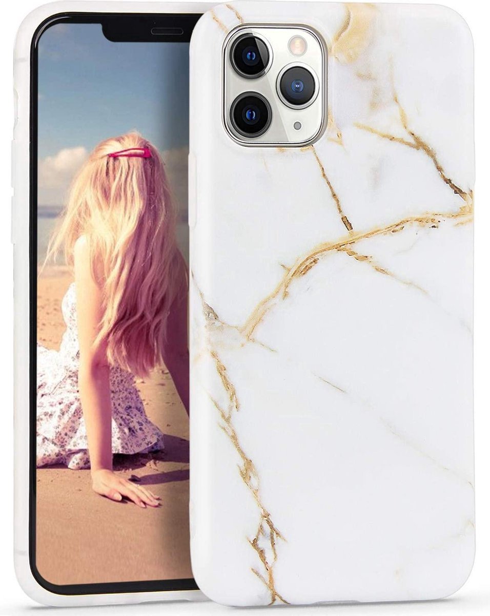Backcover Geschikt voor Apple iPhone 14 Pro Max - Wit / Goud - Marmer - Soft TPU Hoesje