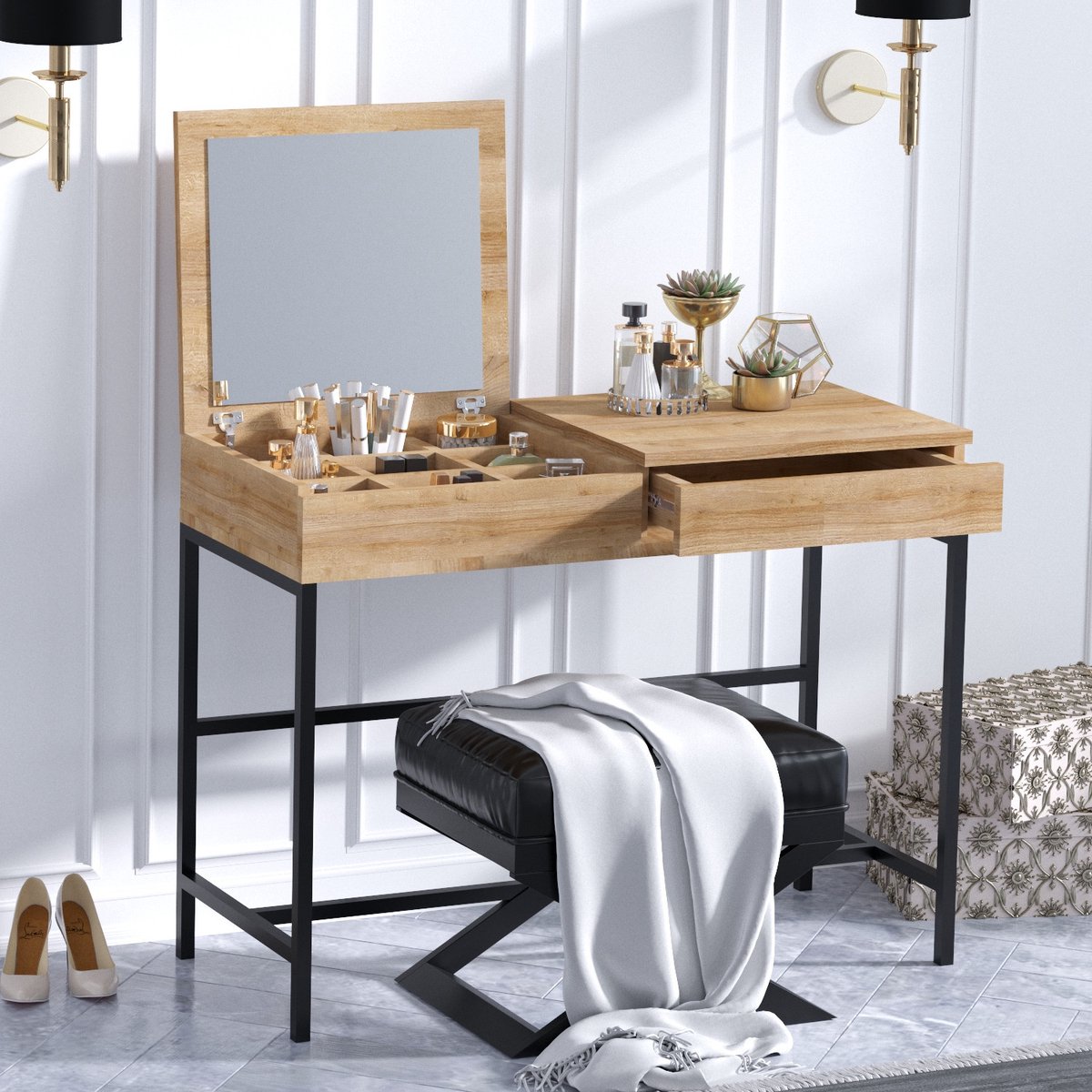 Mary Make-uptafel | 100% MELAMINE | Eiken, Zwart - Industrieel
