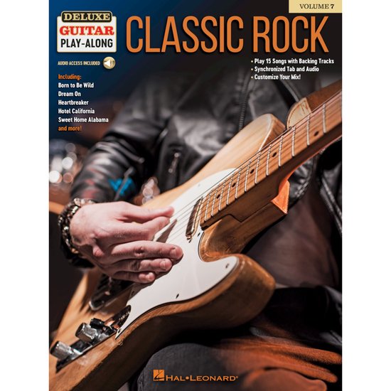 Man in een leren jas die op een elektrische gitaar speelt, met de titel "Deluxe Guitar Play-Along Classic Rock" op de omslag.