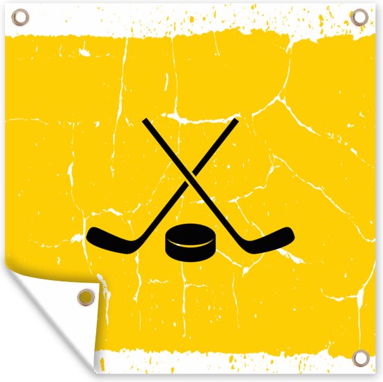 Tuin poster Een symbool van twee ijshockeysticks en een puck in een illustratie - 200x200 cm - Tuindoek - Buitenposter