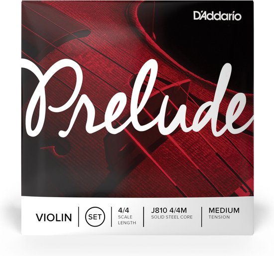 Verpakking vioolsnaar Prelude J810 4/4 Medium Tension, met close-up van rode viool.