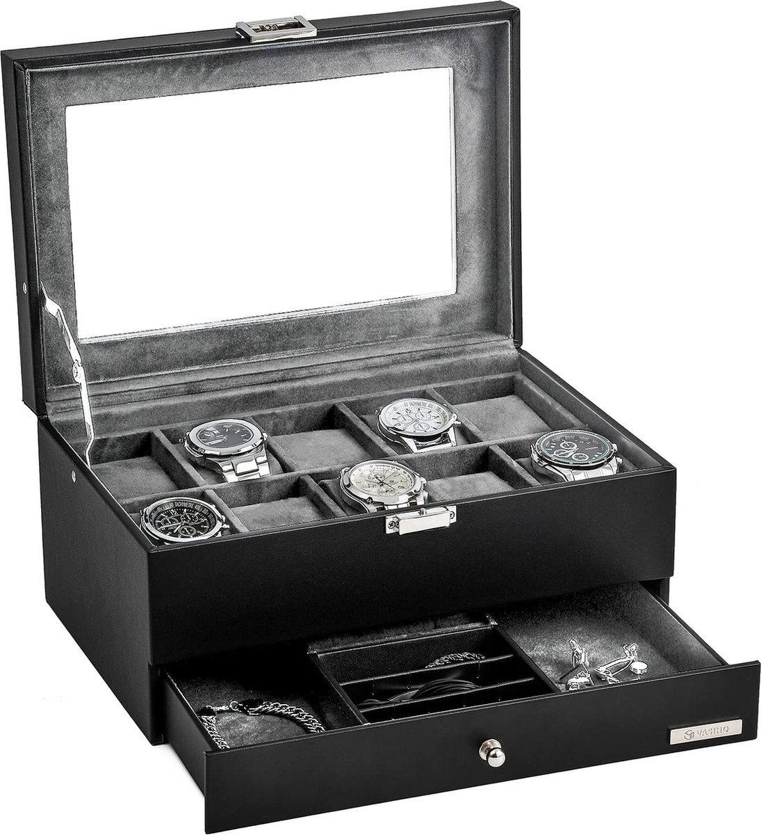 VASIHO herenhorlogebox met 10 vakken, horlogekast met afneembaar horlogekussen en glazen deksel, sieradenvitrine met uitneembaar dienblad voor opslag en presentatie, grijs SSH003H