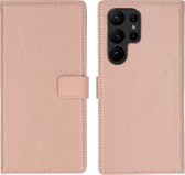 Selencia Hoesje Geschikt voor Samsung Galaxy S23 Ultra Hoesje Met Pasjeshouder - Selencia Echt Lederen Bookcase - roze